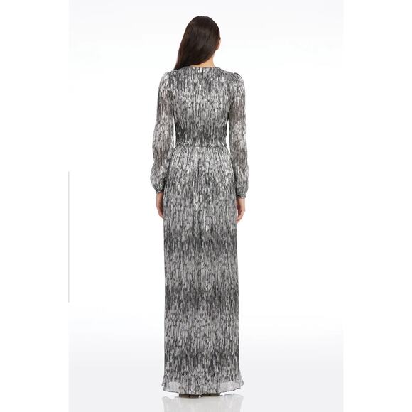 Dress The Population Cia Metallic Long Sleeve Maxi Dress Silver Black NWOT Large - Picture 2 of 9